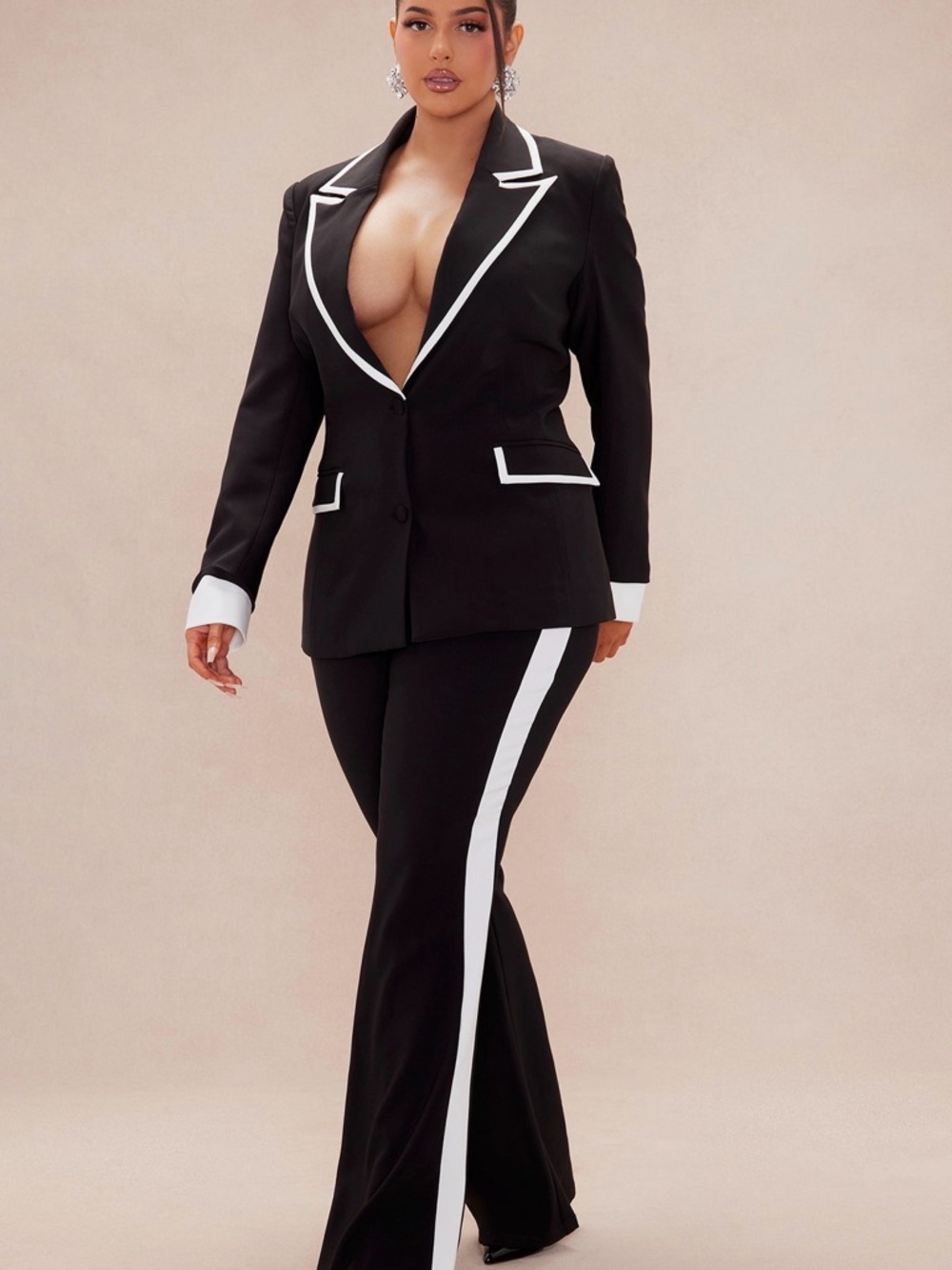 Fashion Nova Black Blazer & White-Trim Side-Stripe Pants